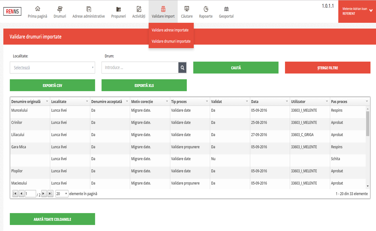 Validare drumuri importate în RENNS